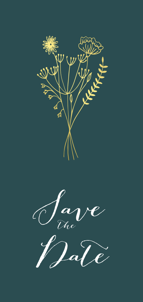 Goudfolie save the date kaart met stijlvol boeket op donkergroen