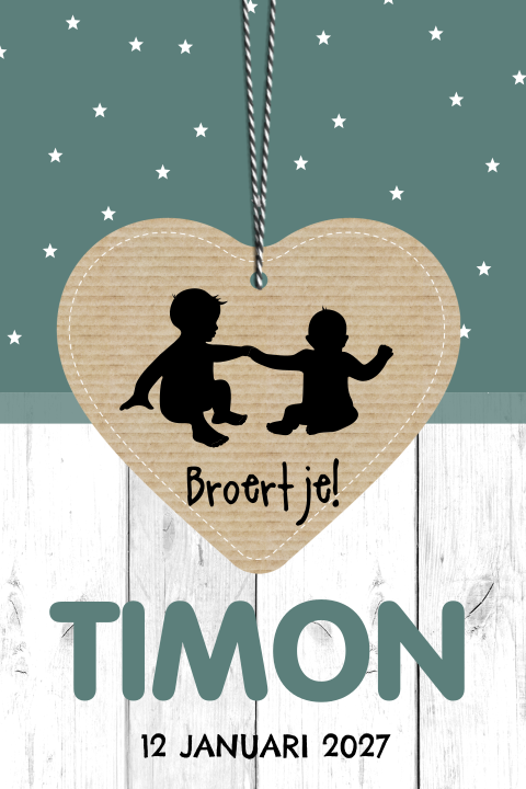 Stoer geboortekaartje voor jongen met hout en hart