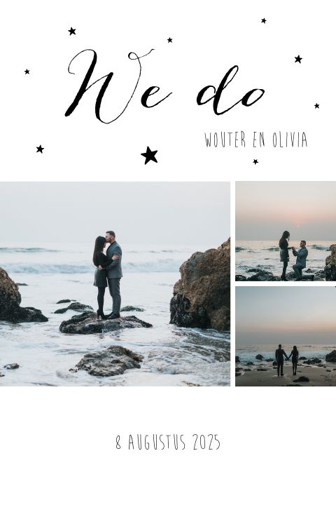 Trouwkaart met drie foto's en sterretjes