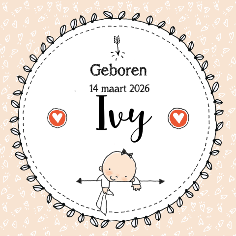 Lief geboortekaartje voor meisje bladerkrans op hartjes patroon