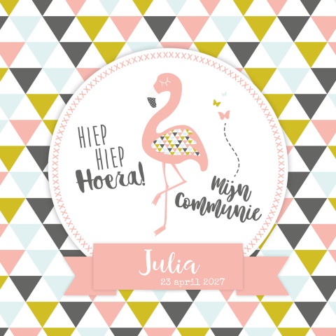 Hippe communiekaart met een flamingo