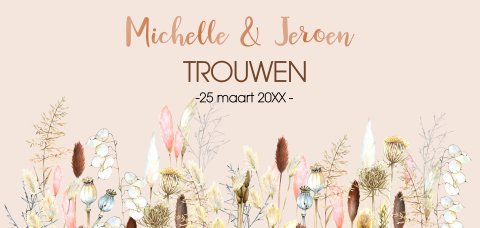 Trouwkaart met droogbloemen en hoogglans