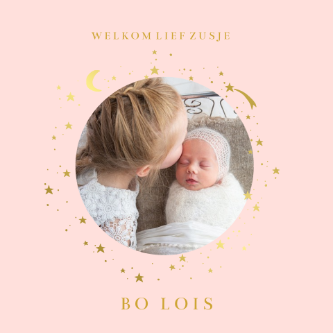 Goudfolie geboortekaartje met foto in rond, sterren en maan