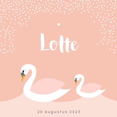 Romantische geboortekaart voor meisje met zwanen en hartjes in peach