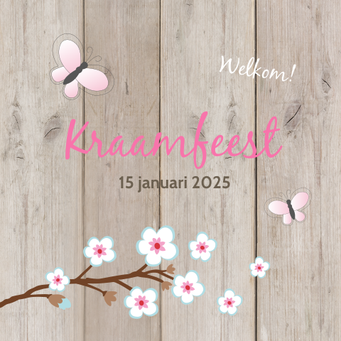 Stoere kraamfeestkaart met hout en illustraties