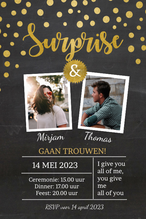 Hippe trouwkaart met foto's, typografie en confetti