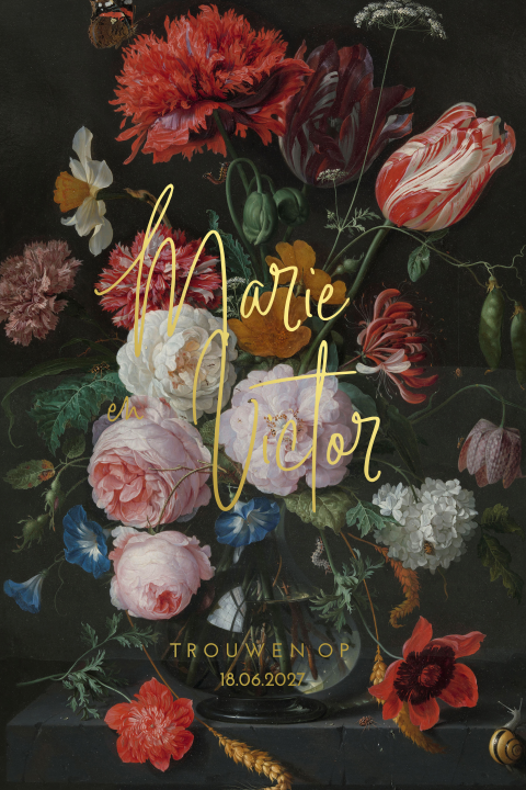 Goudfolie trouwkaart met boeket bloemen