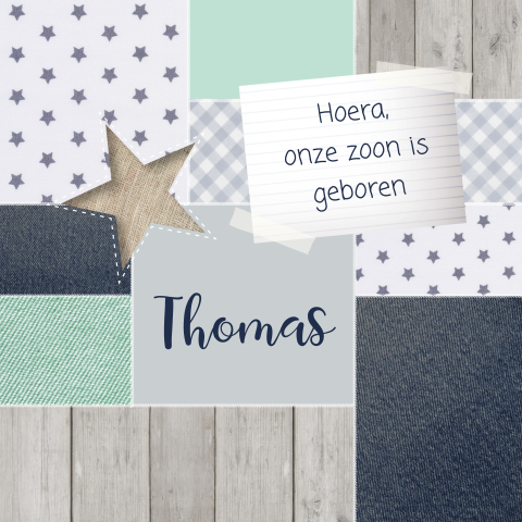 Stoer geboortekaartje jongen met sterren en leuke vlakverdeling