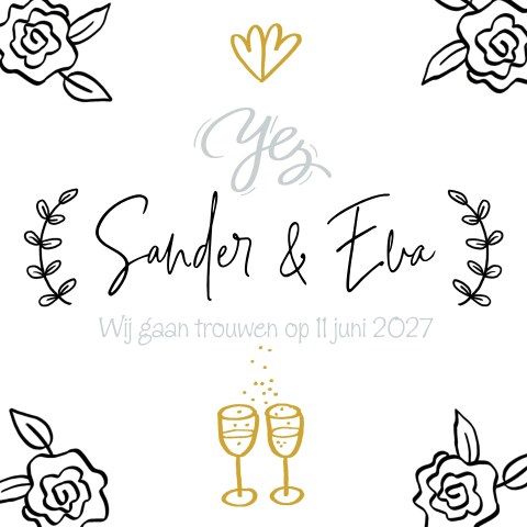 Trouwkaart met handlettering en tekeningen