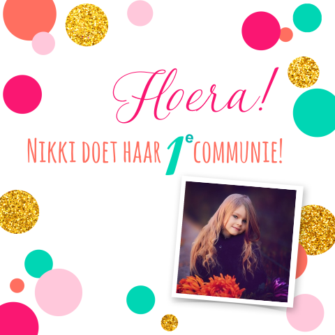 Vrolijke communiekaartje voor een meisje met confetti en foto
