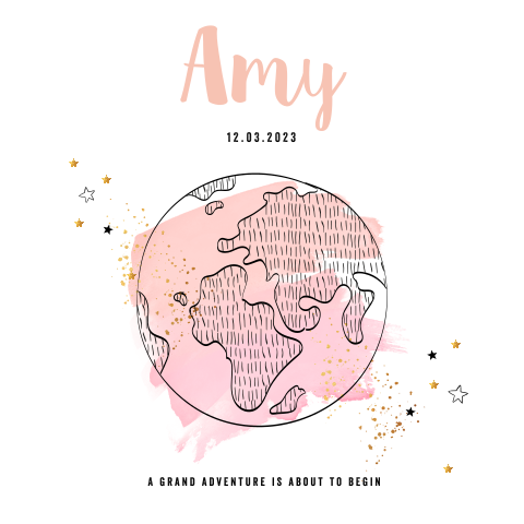 Hip geboortekaartje voor meisje met roze watercolor wereld bol en ster