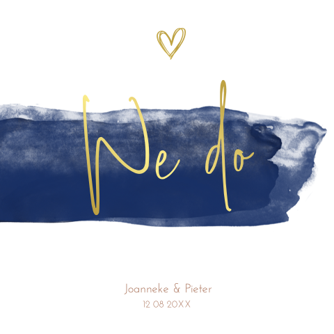 Hippe trouwkaart met goudfolie en waterverf streep in blauw