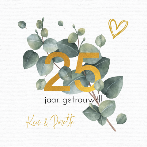 Stijlvolle uitnodiging 25 jarig huwelijk met eucalyptus en hartje