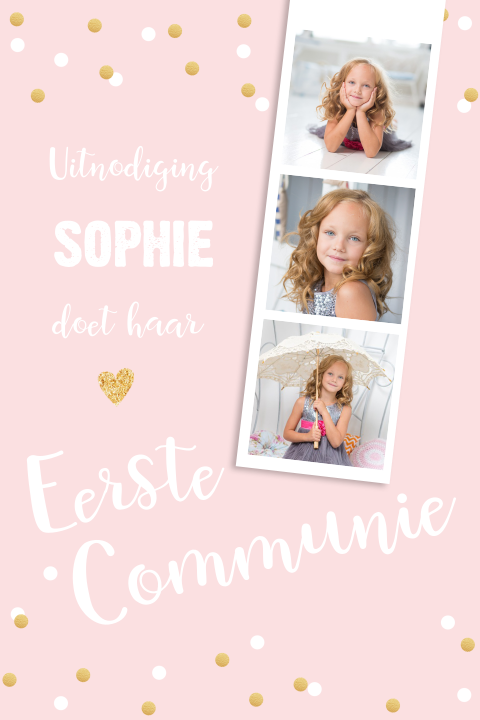 Communiekaart met confetti en fotostrip