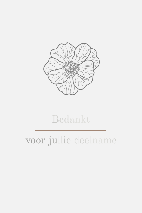Rouw bedankkaart met zilverfolie tekst en bloem