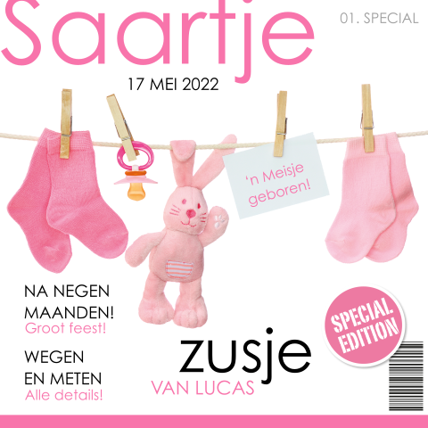 Originele geboortekaart in tijdschriftstijl