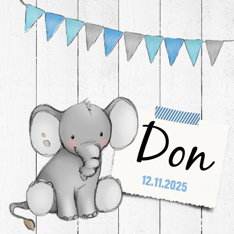Lief geboortekaartje met olifant en hout voor jongen