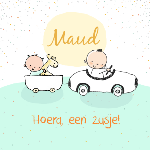 Lief getekend geboortekaartje in pasteltinten