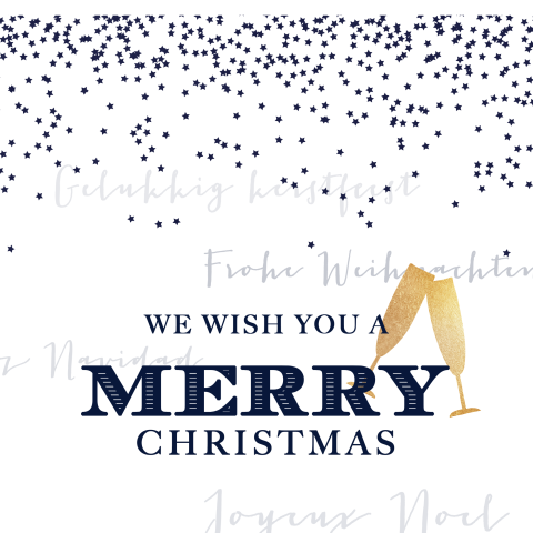 Stijlvolle nieuwjaarskaart met sterretjes en champagneglazen