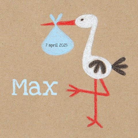 geboortekaartje jongen ooievaar krijt op karton