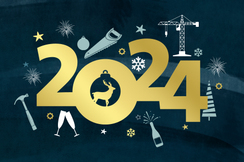 Zakelijke kerstkaart met bouw-thema en goudfolie