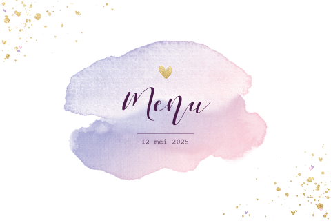 Hippe menukaart met watercolor, hartje en gouden spetters