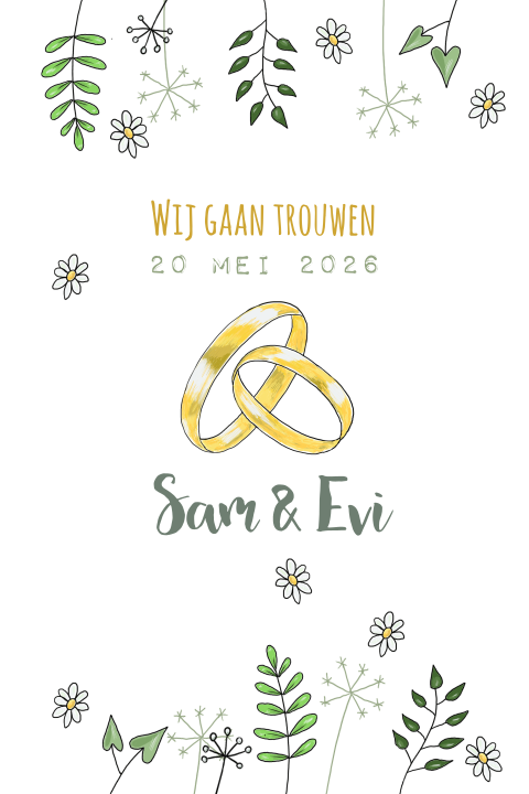 Trouwkaart met gouden ringen en takjes