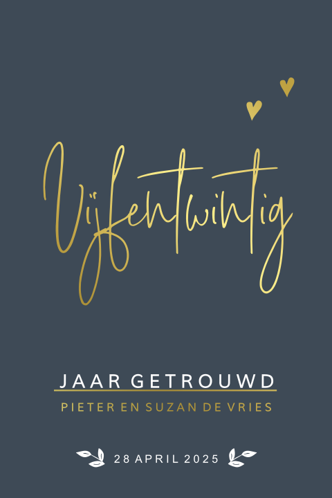 Goudfolie uitnodiging 25 jarig huwelijk met hartjes op donker grijs