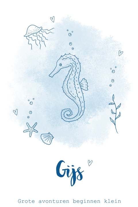 Geboortekaartje met zeepaardje in blauwe waterverf