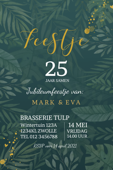 Jubileumkaart met groen blad en goudkleurige accenten