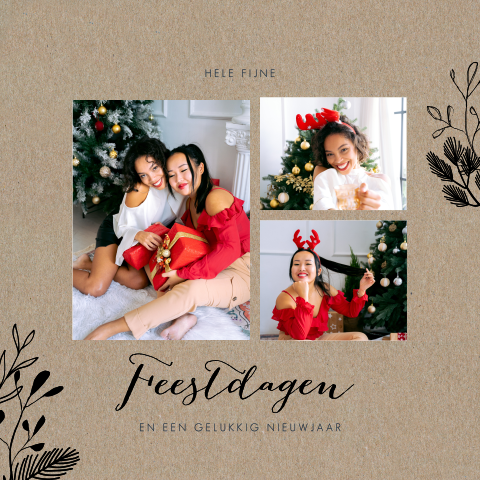 Kraft kerstkaart met zwarte takjes en drie foto's