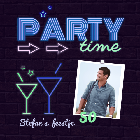 Uitnodiging party 50ste verjaardag met cocktail en neon kleuren