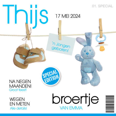 Vrolijk babykaartje jongen tijdschrift met waslijn