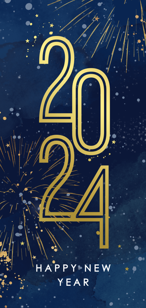 Nieuwjaarskaart in goudfolie met vuurwerk op donkerblauw