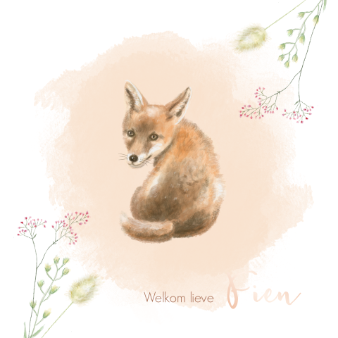 Geboortekaartje met aquarel vosje en plantjes met rosegoudfolie-meisje
