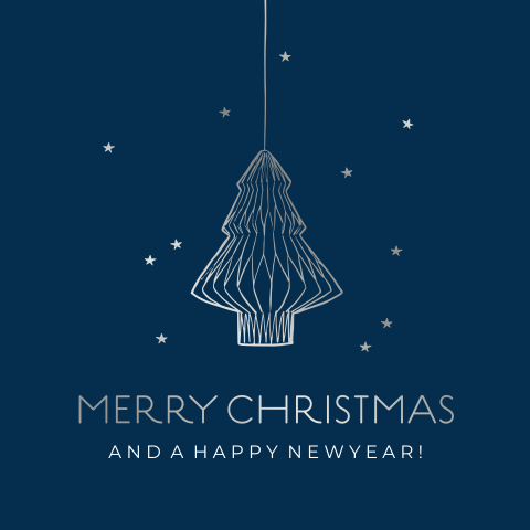 Zakelijke kerstkaart met moderne kerstboom op donkerblauw