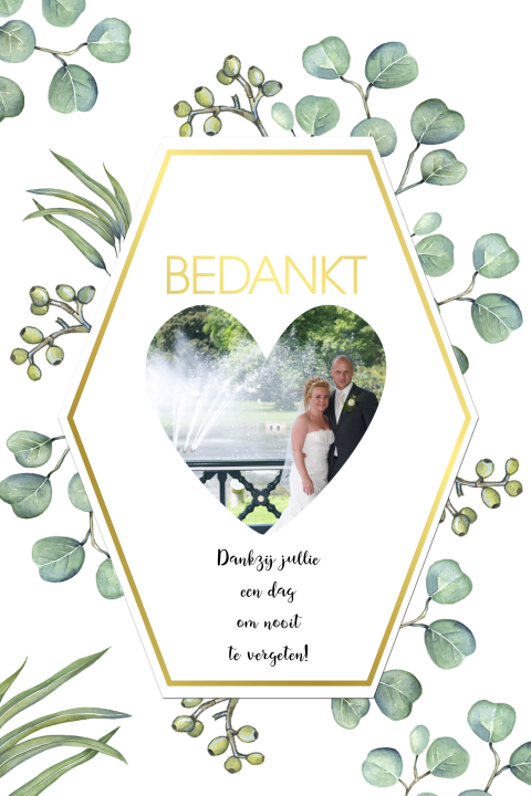 Goudfolie bedankkaart met eucalyptusblad en foto