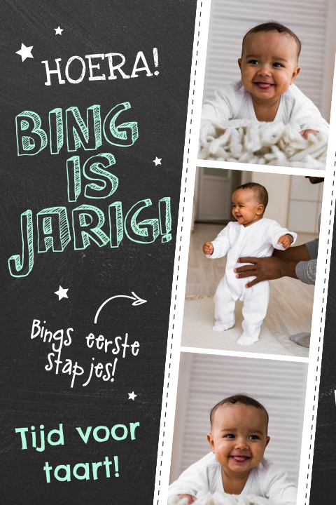 Uitnodiging met fotostrip op krijtbord voor jongen