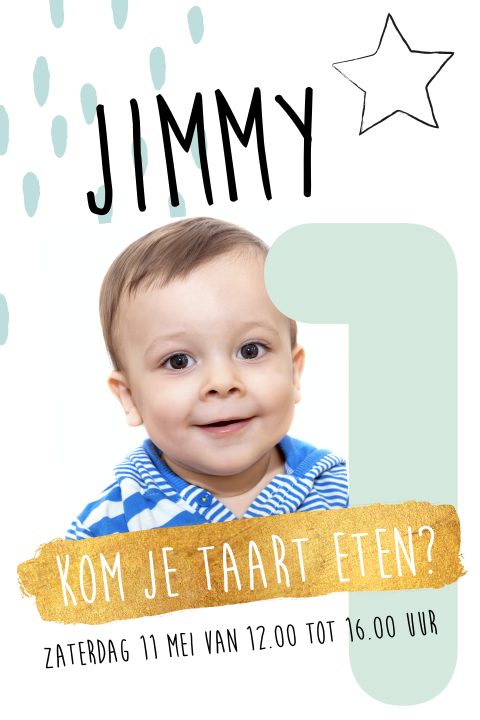 Hippe uitnodiging voor een jongen met mint en goudlook