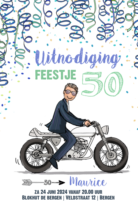Vrolijke uitnodiging 50e verjaardag met tekening motor en slingers