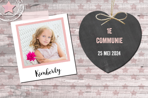Stoere communiekaart voor een meisje met hout en krijtbord