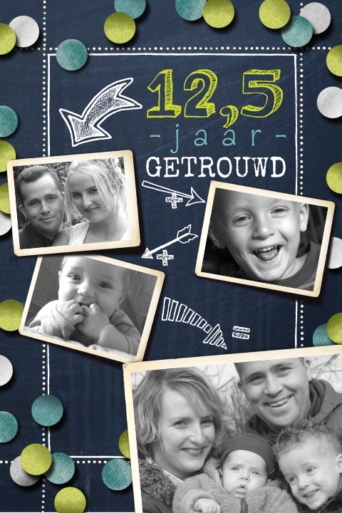 Moderne jubileumkaart 12,5 jaar met foto's en confetti op krijtbord