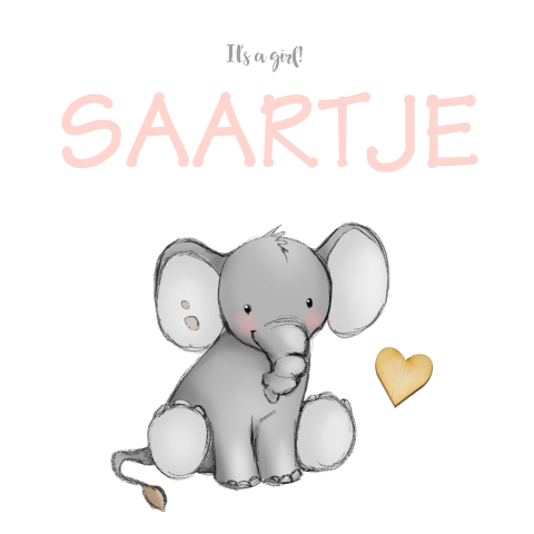 Lief geboortekaartje met olifant en bij te bestellen houten hartje