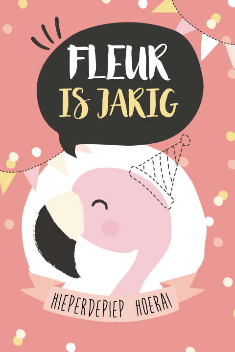 Vrolijke uitnodiging voor een kinderfeestje met flamingo en feestmuts