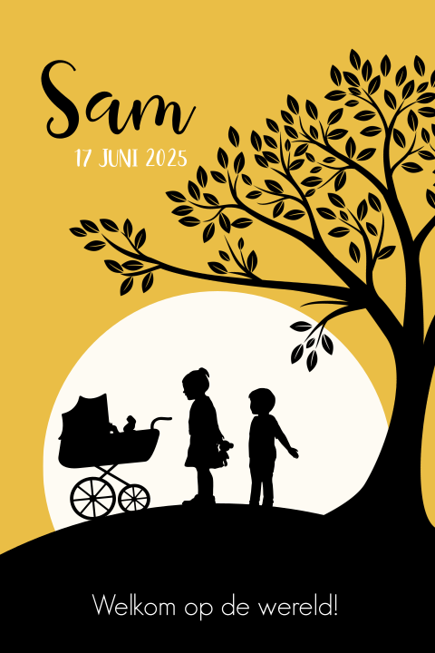 Hippe silhouet geboortekaart unisex okergeel