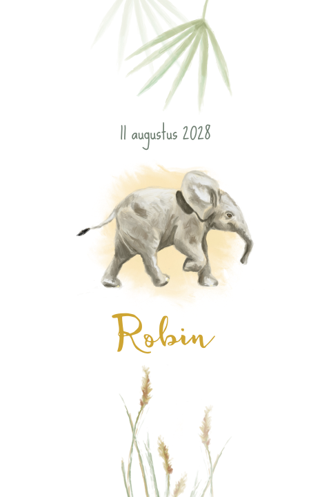 Lief geboortekaartje met olifant en bladeren