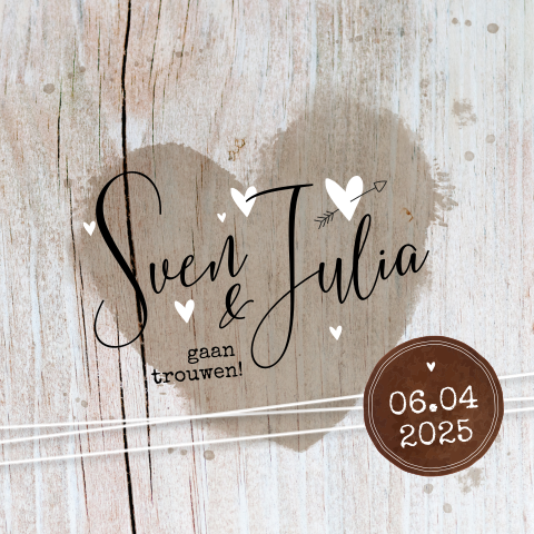 Stoere trouwkaart met hout en hart
