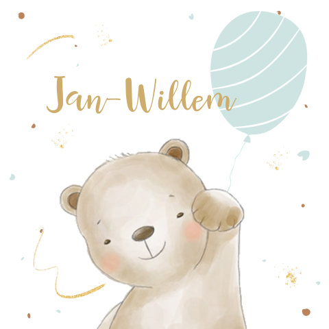 Lief babykaartje met beertje en ballon voor een jongen