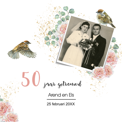 Geschilderde jubileumkaart met rozen en vogel