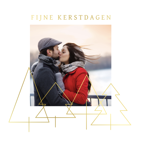 Goudfolie kerstkaart met foto en moderne kerstbomen